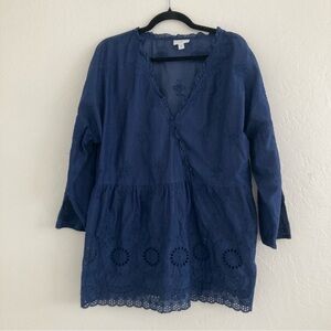 J Jill Surplice Eyelet Tunic Ruffle Top 3/4 Sleeve Navy Blue Minimalist Large